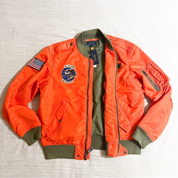 Polo Ralph Lauren COASTAL ORANGE Surplus Twill Air SQDRN 67 Bomber Jacket - Picture 3 of 14